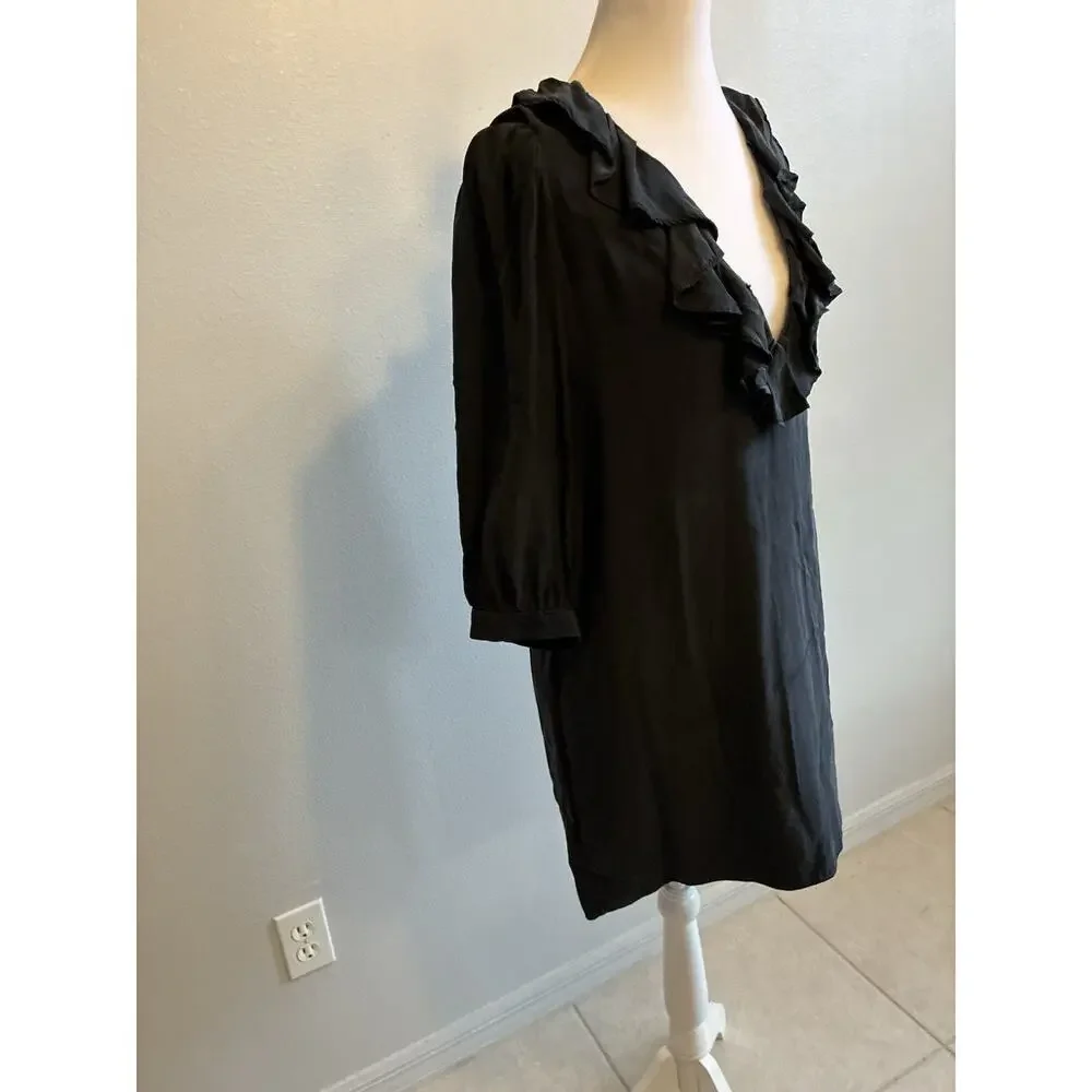 VTG 90s Black Silk Dress Ruffle Collar Whimsygoth Steampunk Vamp Dark Fairy S
